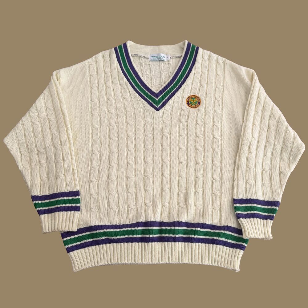 Vintage 90s Wimbledon Tennis V-Neck Cable Knit Sweater Size Large